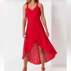 J.O.A. Red Embroidered Tulip  Hem Sleeveless Midi Dress.Size L